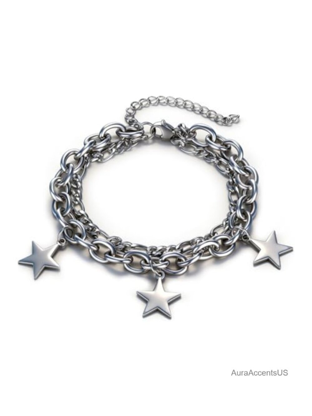 Stainless Steel Double Layer Star Charm Bracelet, Adjustable Link Chain,